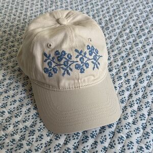 Loeffler Randall Cream Baseball Cap with Blue Floral Embroidery